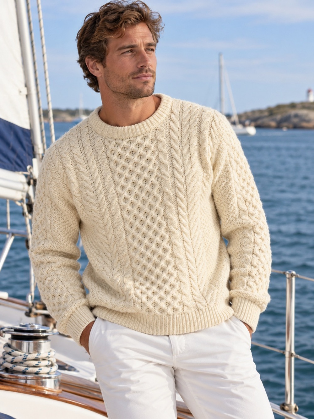 Vintage LL Bean Aran Ireland Cable knit Insulating Fisherman Sweater Mens Sz L